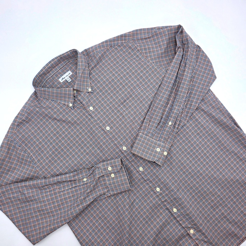 Peter Millar Mens XXL Tattersall Check Button Down Shirt Blue Brown MF20W10NBL